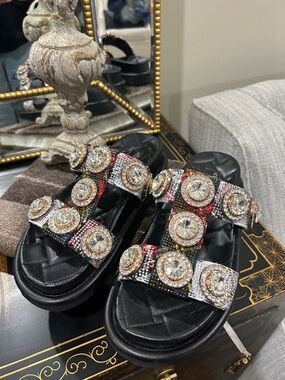 Kurt Geiger Black Slide Sandals with Multicolor Crystal Medallions